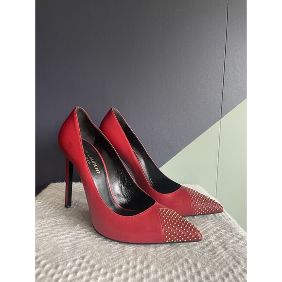 YSL/Saint Laurent Seta Rouge Red & Gold Stud Point Toe Stiletto Sz 37 $795 new - Picture 1 of 7